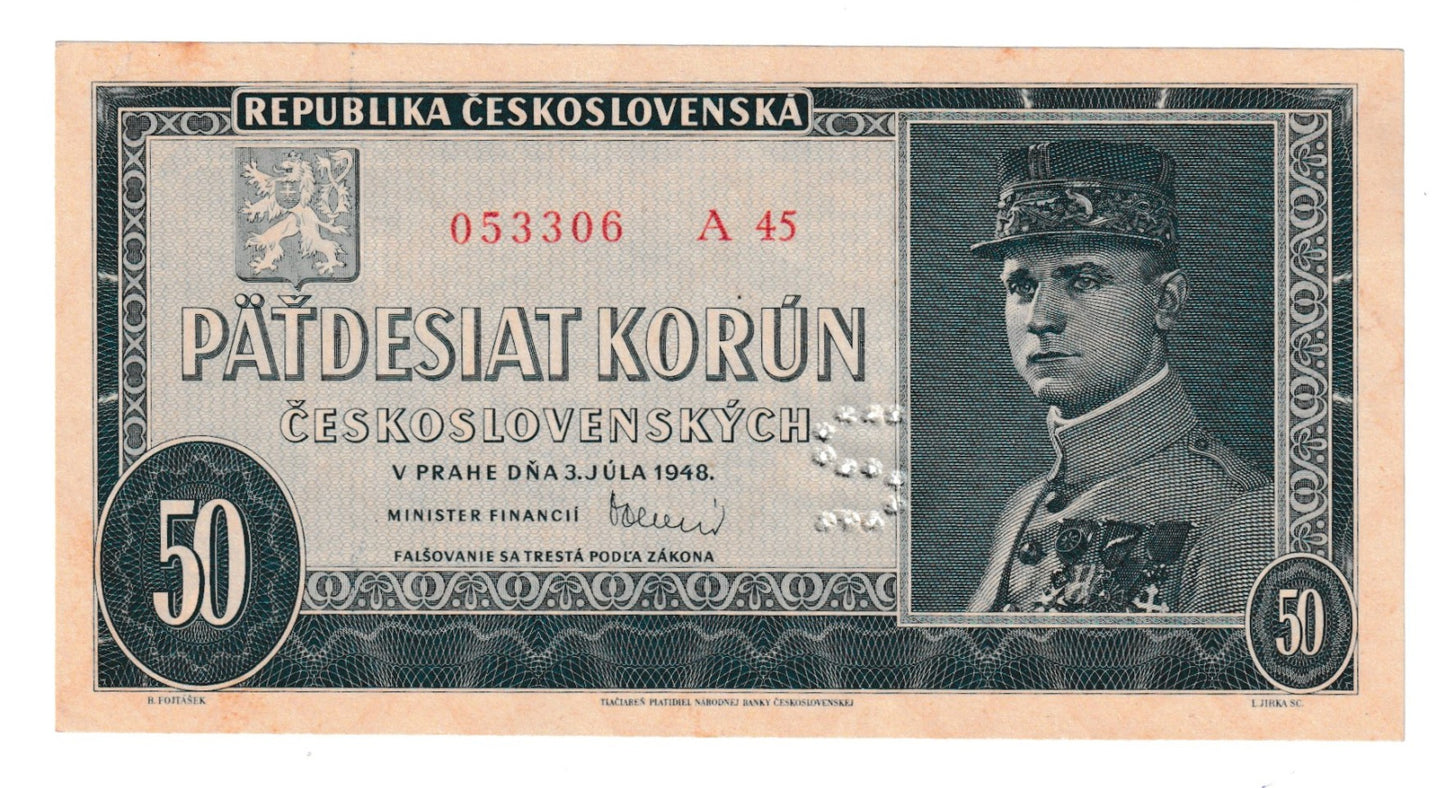 1948 50 kčs Štefánik séria A Stav N vzácna perforácia S