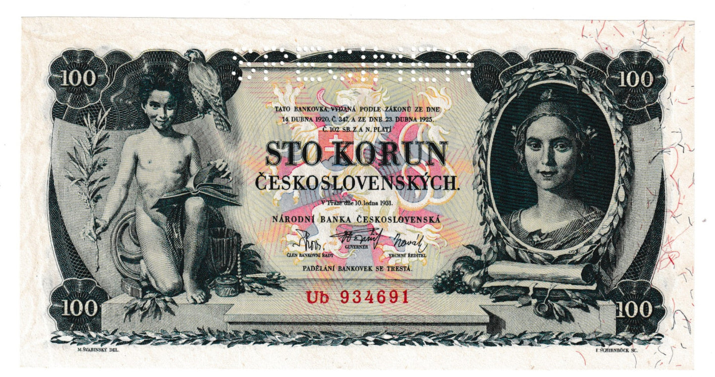 1931 100 kčs séria Ub perforácia Specimen Aunc